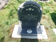 WCY26 - 2'6" Honed Dark Grey Half Round style Headstone with Rustic border and edges, and a three Heart design painted Gold.