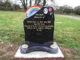 WB2 - All Polished Galaxy Black Headstone with a Stairway and Walking Lady in front of a Full Colour Rainbow, with a Full Colour Rose Design and a Ceramic Plaque.