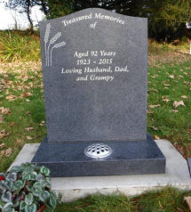 WCY20 - 2'6" Honed Dark Grey Ogee top style Headstone, with Wheat Design painted Silver.