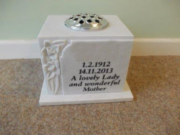 WV4 - White Marble Vase with Deep Carved Rose Design and Black Letters.